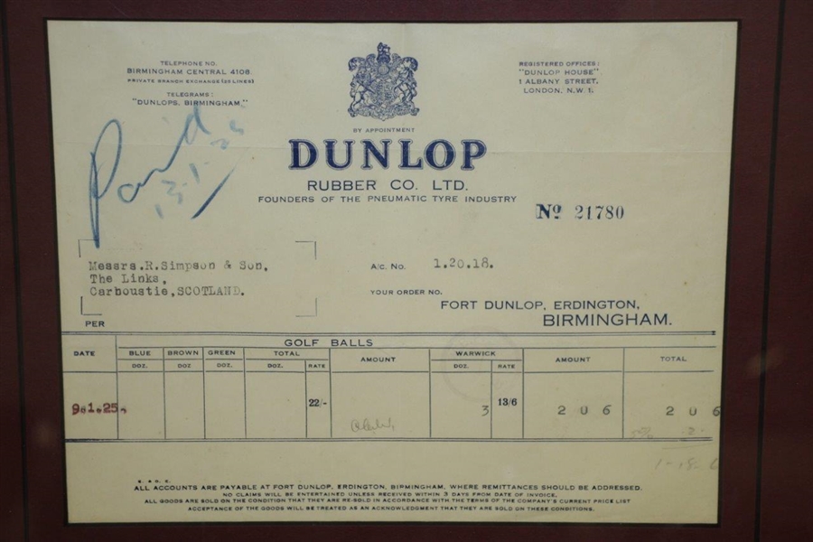 R Simpson James Gourlay Carnoustie and Dunlop Rubber Golf Order Form Framed Presentation