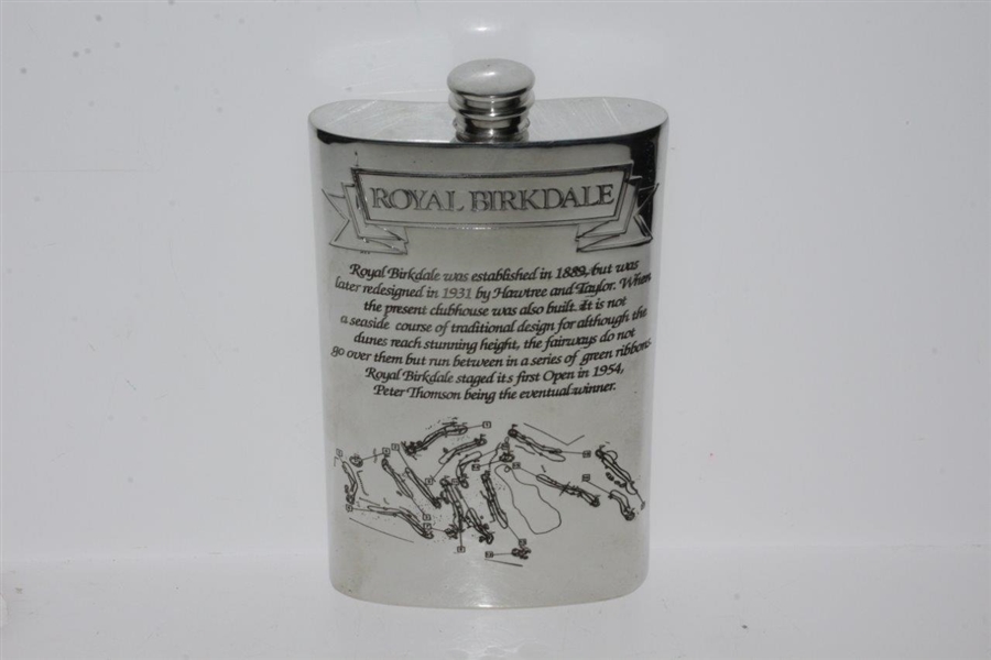 Royal Birkdale Pewter Engraved Hip Flask in Box - Excellent Condition
