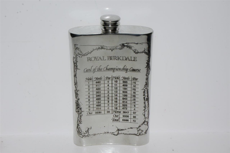 Royal Birkdale Pewter Engraved Hip Flask in Box - Excellent Condition