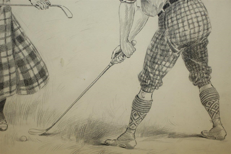 1900 Original Pen & Ink on Board of Golfing Couple w/ Caddie by Ehrhart