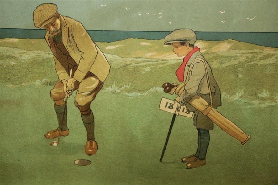 'Putting' Lithograph of Couple Playing Golf by the Sea w/ Caddies
