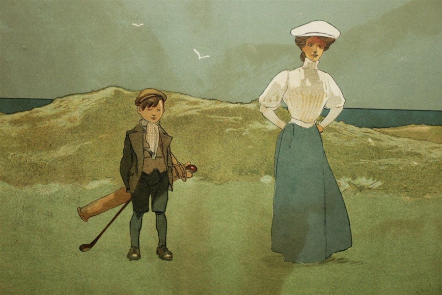 'Putting' Lithograph of Couple Playing Golf by the Sea w/ Caddies