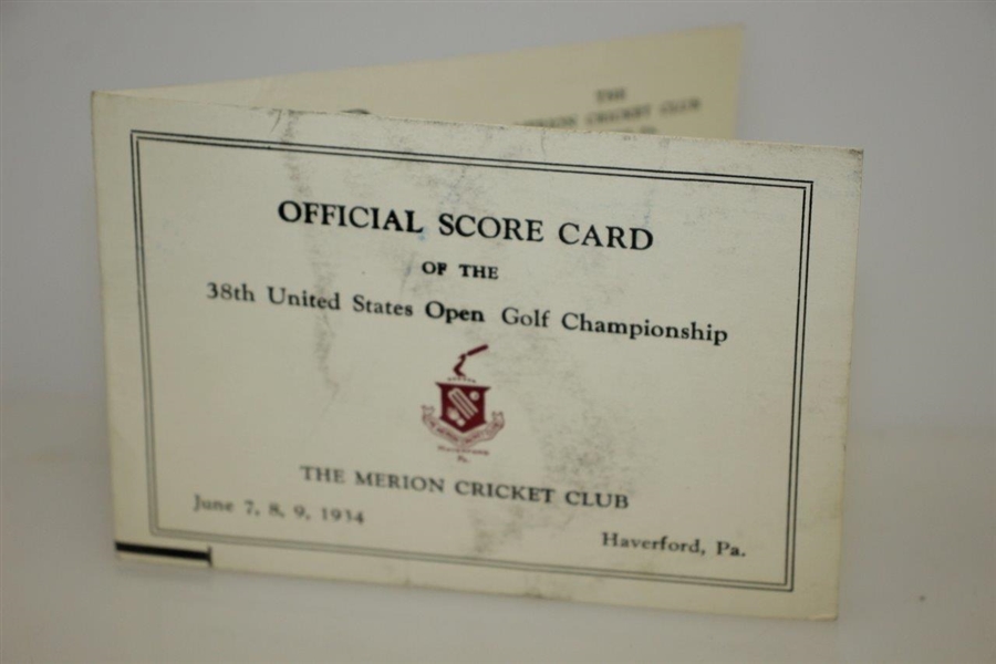1934 US Open Championship at Merion Cricket Club Scorecard & Badge - Olin Dutra Winner