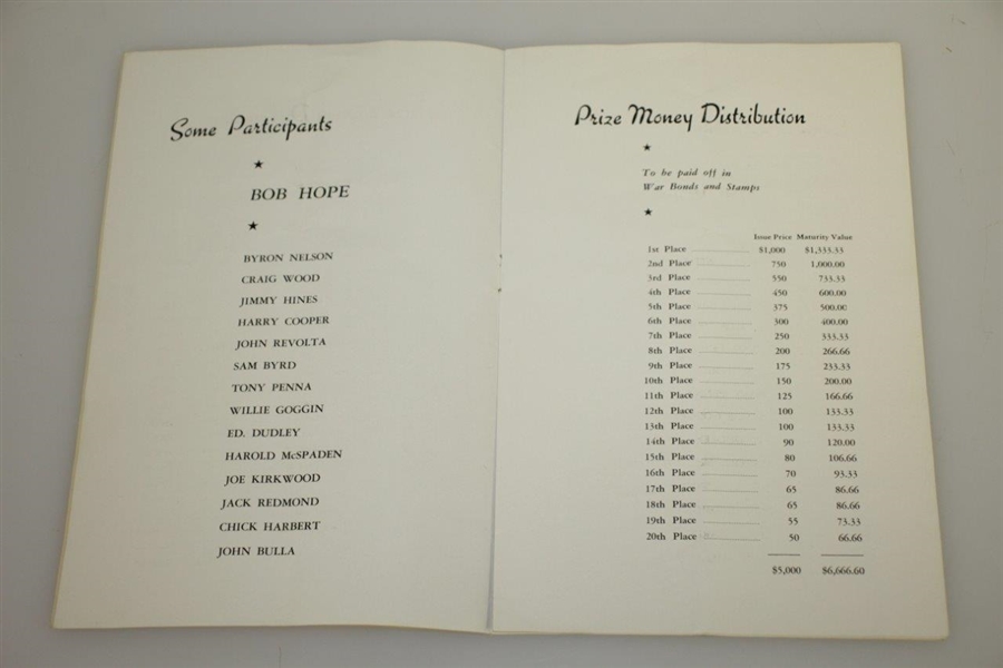 1944 $5,000 New Orleans Open War Bond Golf Tournament at City Park Program - Sammy Byrd Win