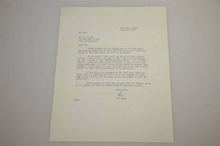 Ben Hogan Signed 1950 Personal Letter to Rod Munday Attempting to Set Up Exhibition JSA ALOA