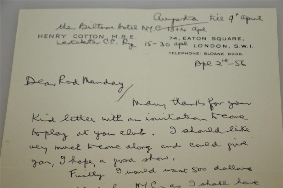 Henry Cotton Signed 1956 Personal Letter to Rod Munday w/ Appearance Fee Content JSA ALOA