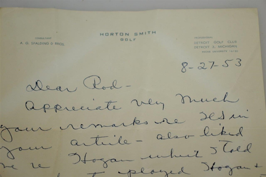 Horton Smith Signed 1953 Detroit GC Letter to Rod Munday w/ Ben Hogan Content JSA ALOA