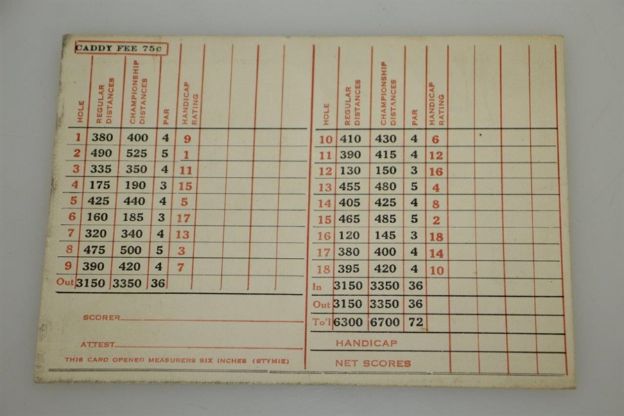 Vintage Augusta National Golf Club Scorecard w/ Stymie & Caddy Fee Listed