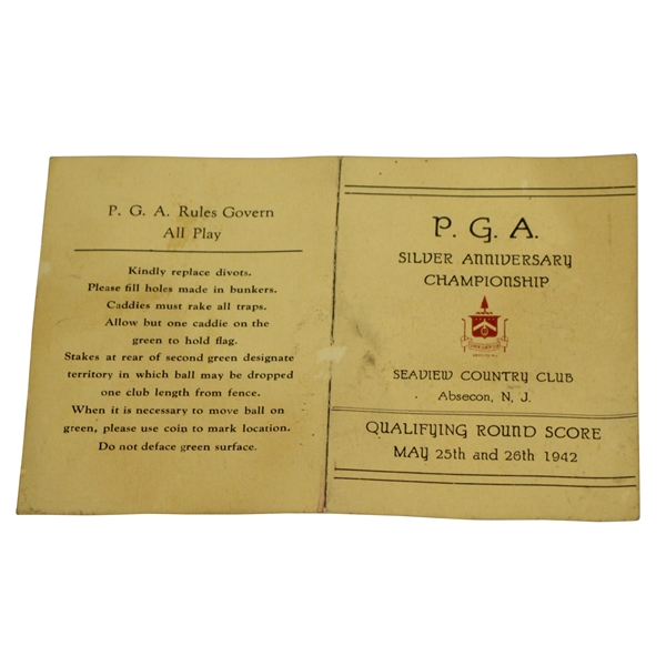 1942 PGA Championship at Seaview CC Qualifying Rd Scorecard - Craig Wood & Munday Scored