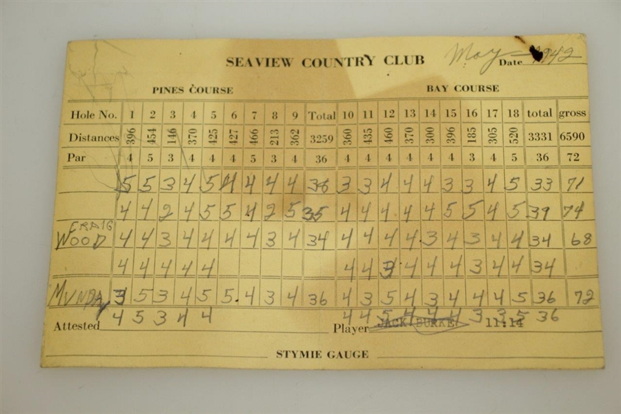 1942 PGA Championship at Seaview CC Qualifying Rd Scorecard - Craig Wood & Munday Scored