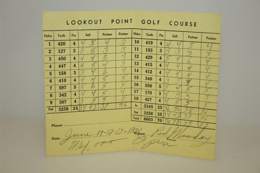 Rod Munday's 1936 Open Golf Tournament at Lookout Point Golf Course in Canada Scorecard