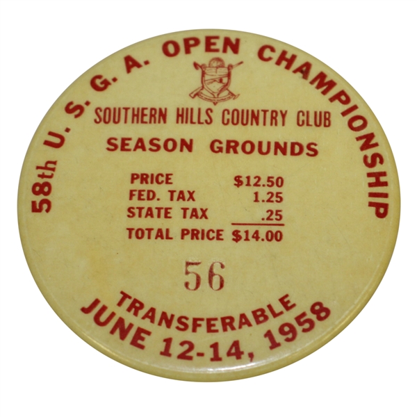 1958 US Open Championship at Southern Hills Season Grounds Pass #56 - Tommy Bolt Winner!