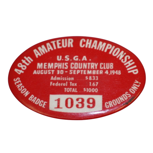 1948 US Amateur Championship at Memphis CC Season Grounds Badge #1039 - Willie Turnesa