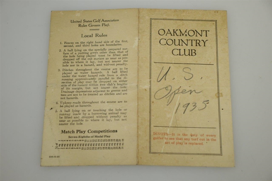 Rod Munday's 1935 US Open at Oakmont Scorecards - Sam Parks Win