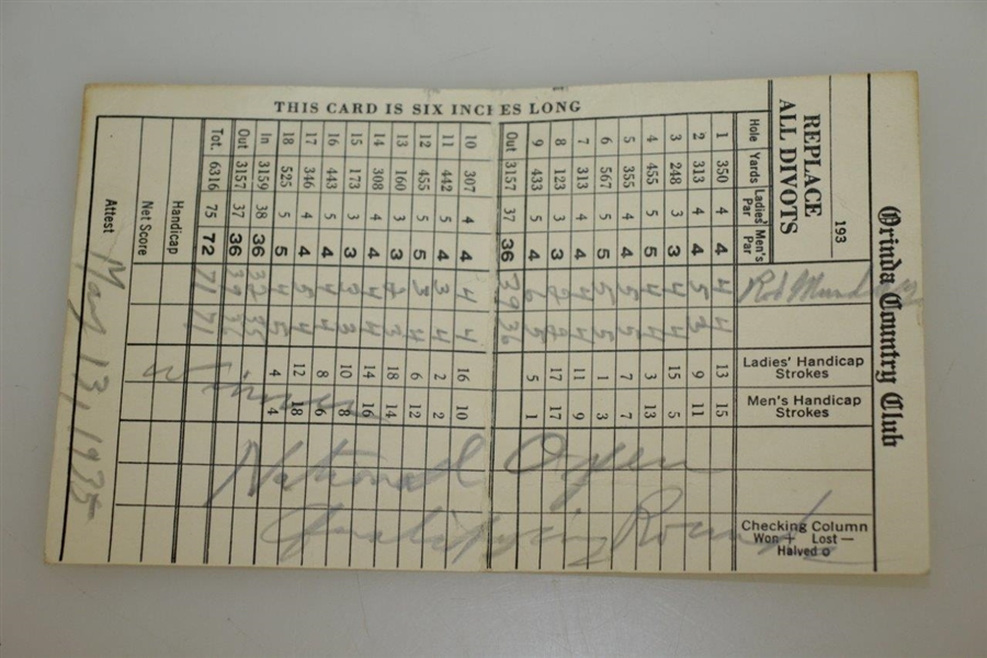 Rod Munday's 1935 US Open Winning Qualifying Scorecard - Orinda Country Club