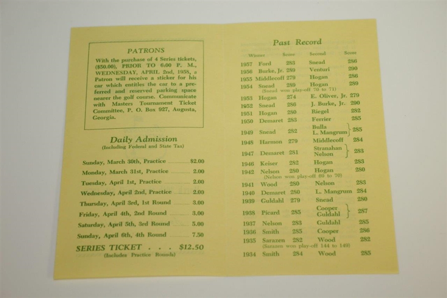 1958 Masters Tournament Brochure - Arnold Palmer 1st Green Jacket