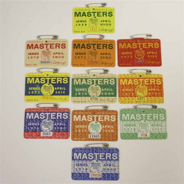 1969-2018 Masters Badges Collection - Excellent Condition with Original Pins Intact - 50 Badges!