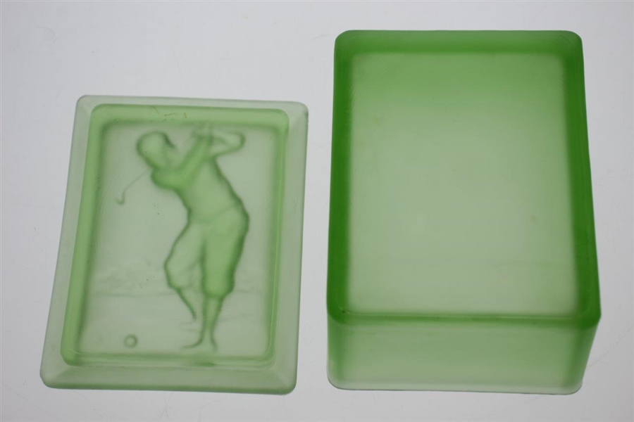 Vintage Green Glass Golfer Relief Box - Very Good Condition