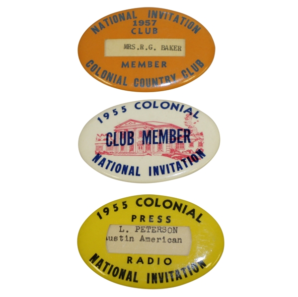 1955 (x2) & 1957 Colonial Invitational Tournament Badges - Club Member, Member, & Press/Radio