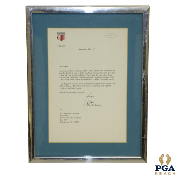 Deane Beman's Letter Gifting Tony Lema's 1966 PGA Championship Shoes to The Hall of Fame