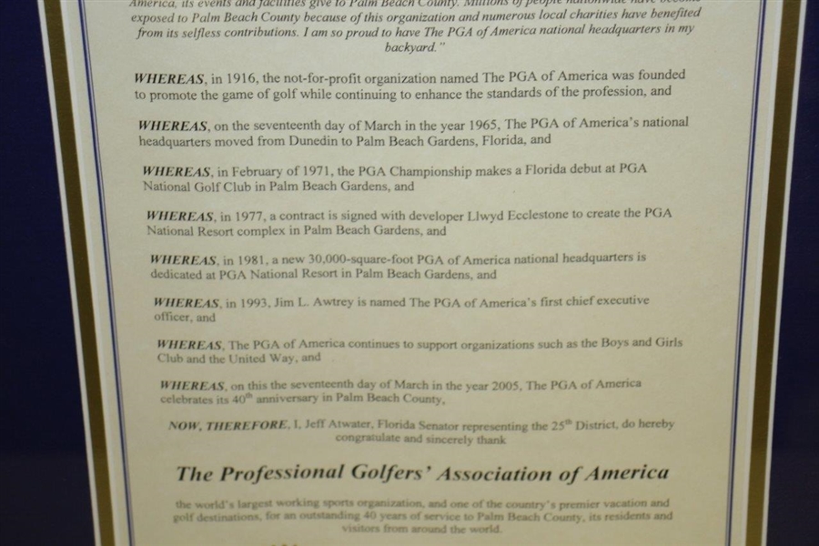 2005 Proclamation By Florida State Senator Jeff Atwater Regarding The PGA Of America