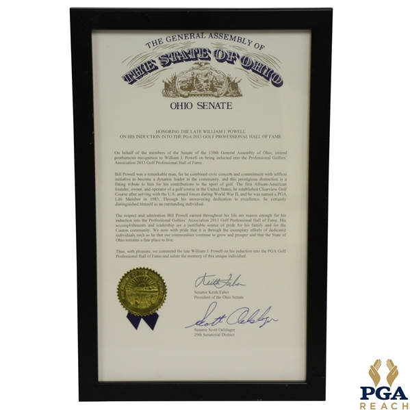 The State of Ohio Senate Proclamation Honoring William Powell's Induction into PGA Hall of Fame