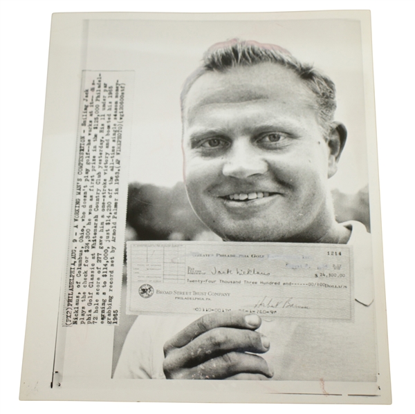 1965 Jack Nicklaus Wire Photo w/ Philadelphia Golf Classic Winner's Check