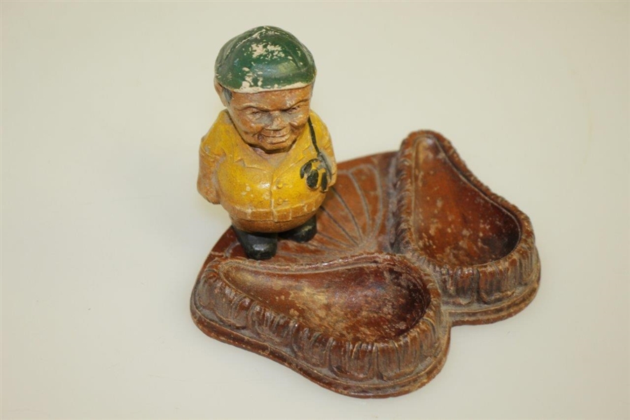 Vintage Wood Carved Caddy/Golfer with Dual Ashtray/Pipe Holders