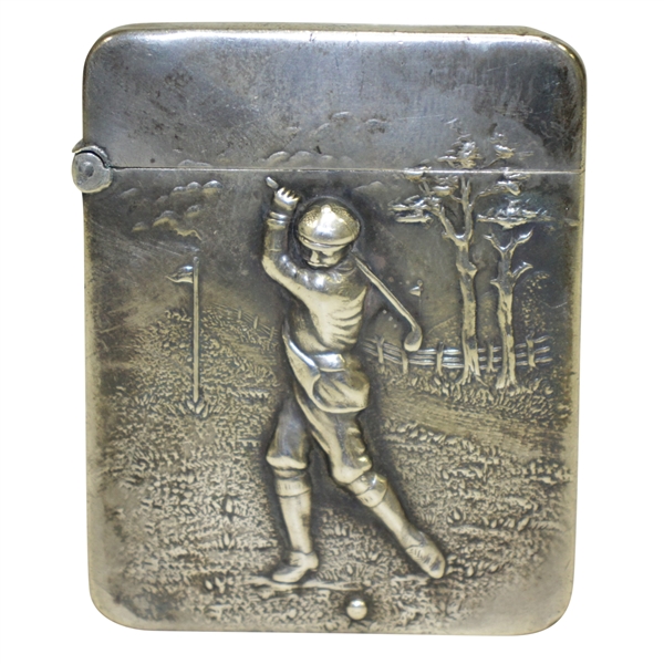 Vintage Sterling Silver Golfer in Pre-Swing Themed Match Safe with Initials