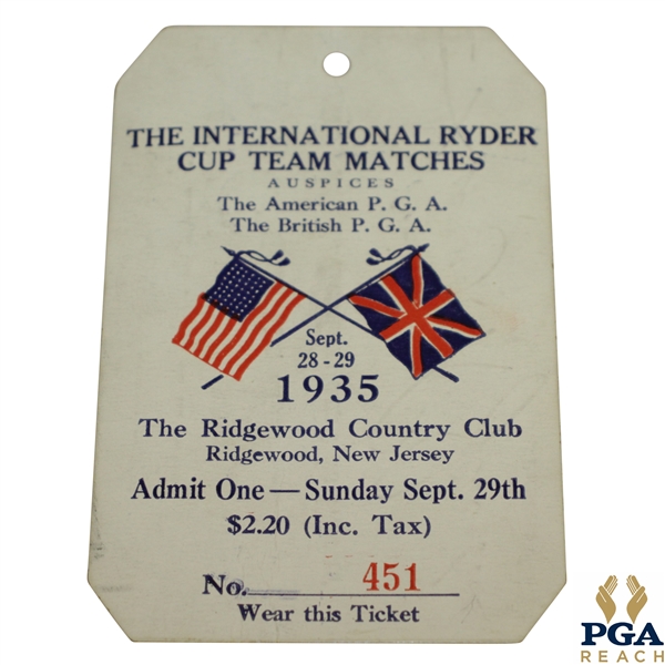 1935 Ryder Cup at Ridgewood Country Club Sunday Ticket #451 - Great Condition