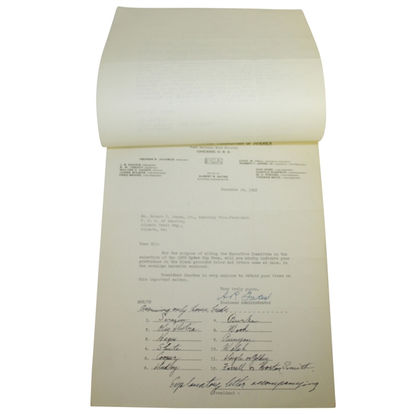 Bobby Jones Signed Handwritten 1933 Ryder Cup Team Members Endorsement Form FULL JSA #BB52086