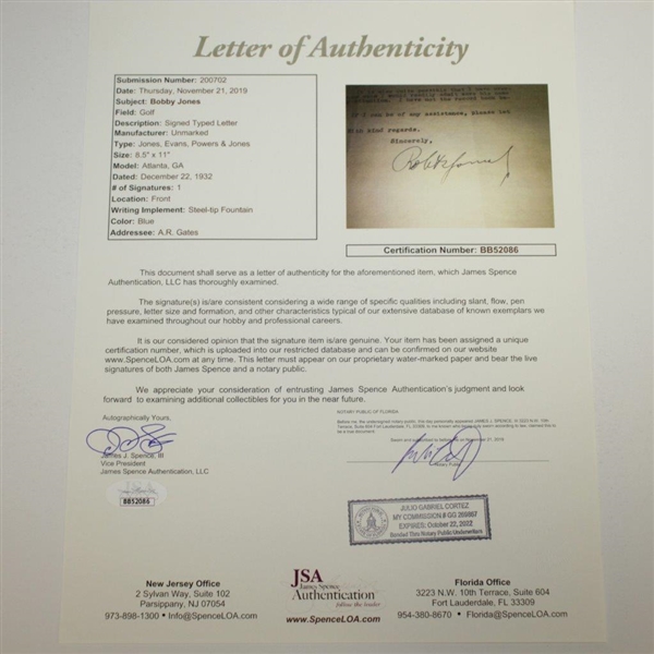 Bobby Jones Signed Handwritten 1933 Ryder Cup Team Members Endorsement Form FULL JSA #BB52086