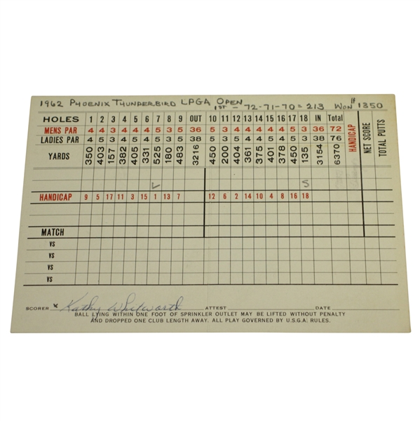 Kathy Whitworth Signed Scorecard from 1962 LPGA Win at Phoenix Thunderbird Open JSA ALOA