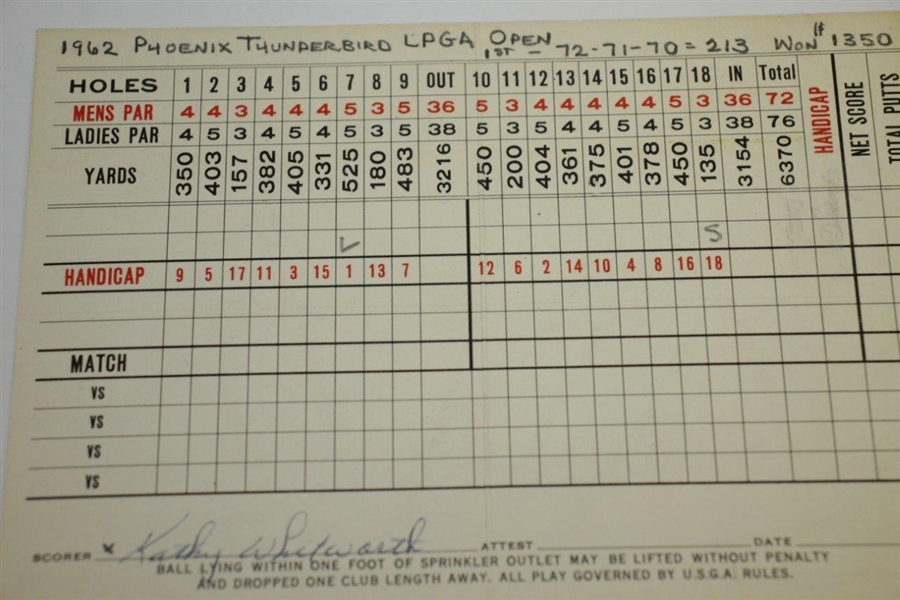 Kathy Whitworth Signed Scorecard from 1962 LPGA Win at Phoenix Thunderbird Open JSA ALOA