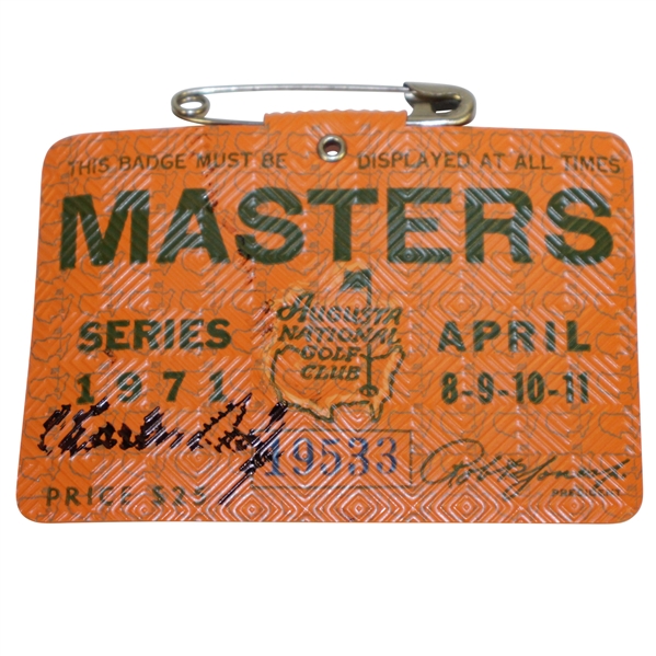 Charles Coody Signed 1971 Masters Tournament Series Badge #19533 JSA ALOA