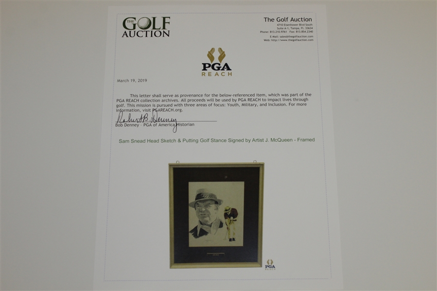 Sam Snead Head Sketch & Putting Golf Stance Signed by Artist J. McQueen - Framed