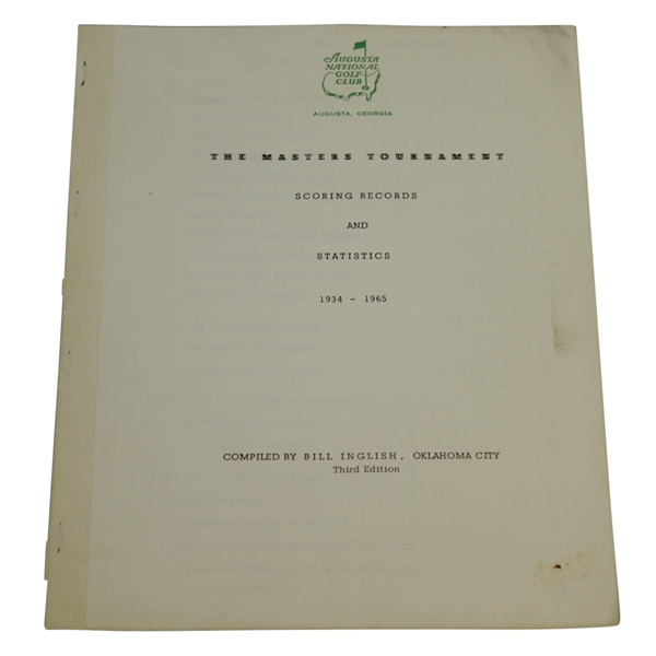 1966 Masters Tournament Scoring Records & Statistics Booklet Compiled by Bill Inglish