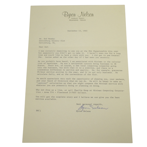 Byron Nelson Signed 1965 Personal Letter to Rod Munday w/ IKE & PGA Champ Mention JSA ALOA