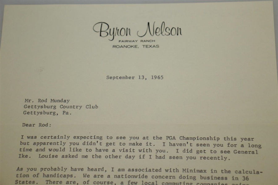 Byron Nelson Signed 1965 Personal Letter to Rod Munday w/ IKE & PGA Champ Mention JSA ALOA