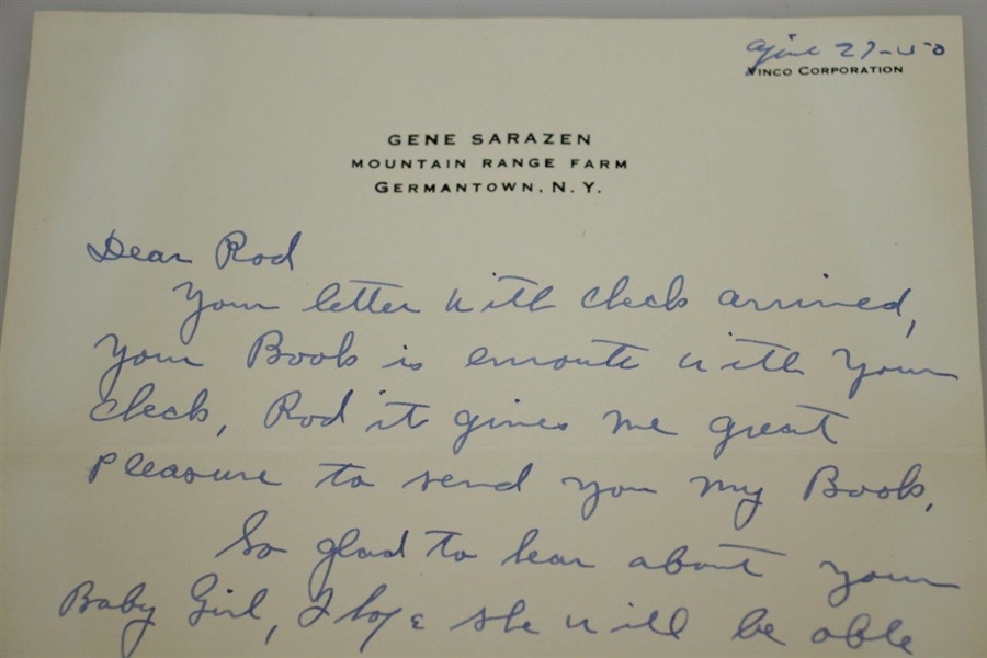 Gene Sarazen Signed 1950 Personal Letter to Rod Munday w/ Book Content JSA ALOA