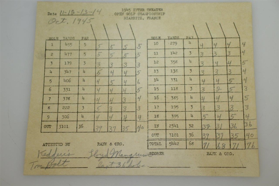 1945 Inter Theater Open Golf Championship Scorecard w/ Mangrum, Munday & Bolt