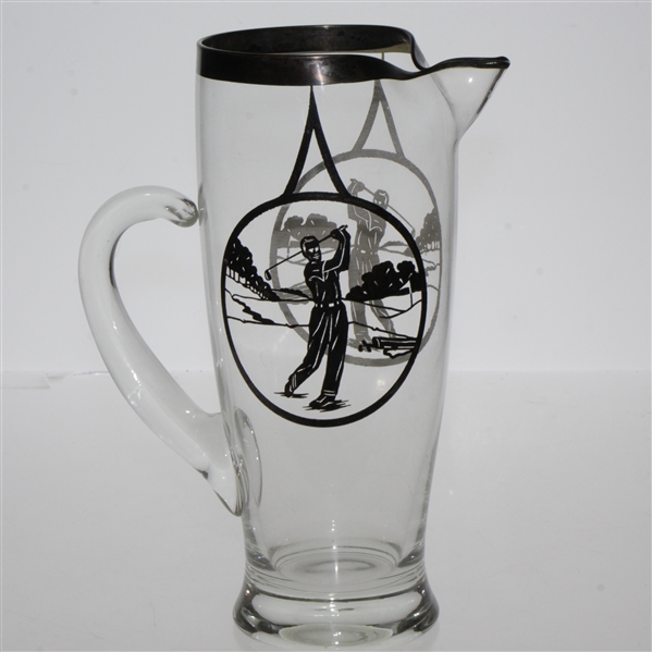 Vintage Silver Inlay Post Swing Golfers 2 Sided Glass Pitcher