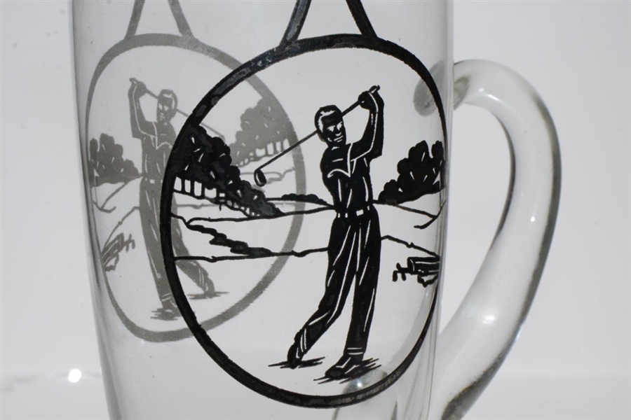 Vintage Silver Inlay Post Swing Golfers 2 Sided Glass Pitcher