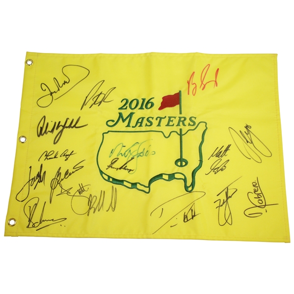 2016 Masters Embroidered Champs Flag Signed by 16 including Phil, Gary, Spieth, & others JSA ALOA