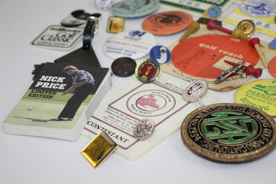 Grouping of Press Badges, Pins, Crests, Flip Book, Caddie Badges, Golf Coach Tool, and other