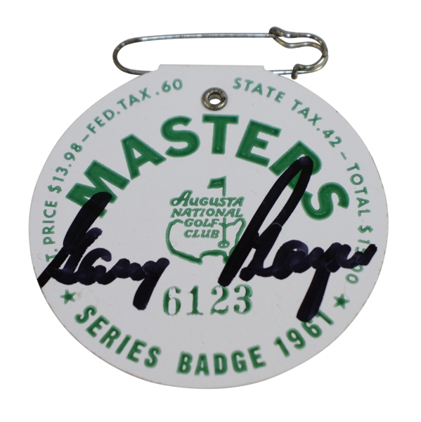 Gary Player Signed 1961 Masters SERIES Badge #6123 with Original Pin JSA ALOA 