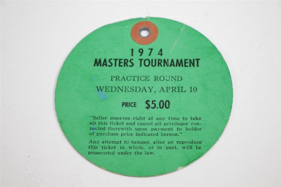 1974 Masters Tournament Wednesday Ticket #796 - Sam Snead 1st Repeat Par 3 Champ