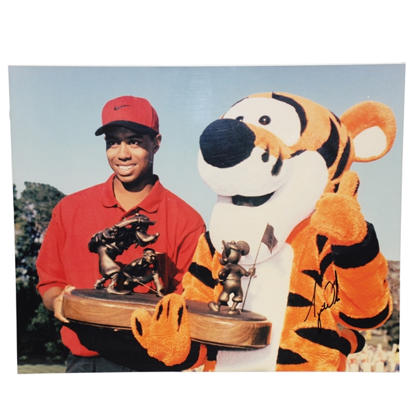 Tiger Woods Signed 1996 Disney Classic w/ 'Tigger the Tiger' & Trophy 16x20 Photo - 2nd Win JSA ALOA