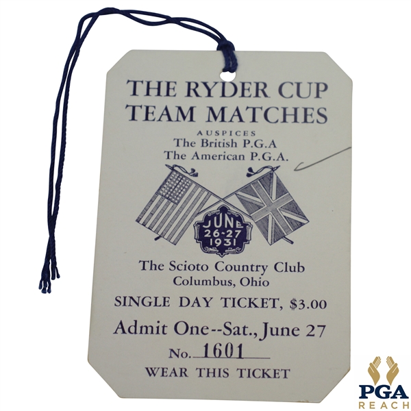 1931 Ryder Cup at The Scioto Country Club Saturday Ticket #1601 - Excellent Condition