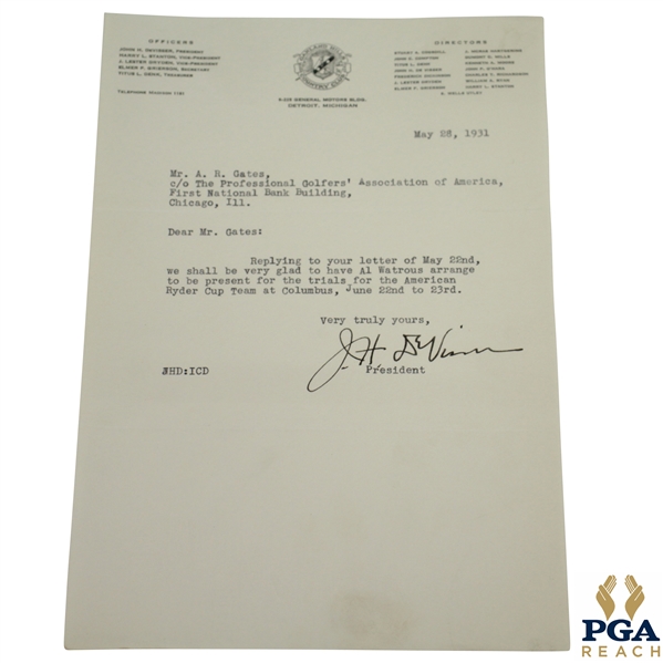 Oakland Hills President Signed Letter Allowing Al Watrous to Join 1931 Ryder Cup Team